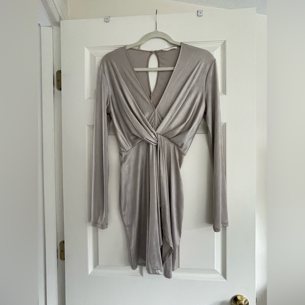 Metallic long sleeve cocktail dress with slit